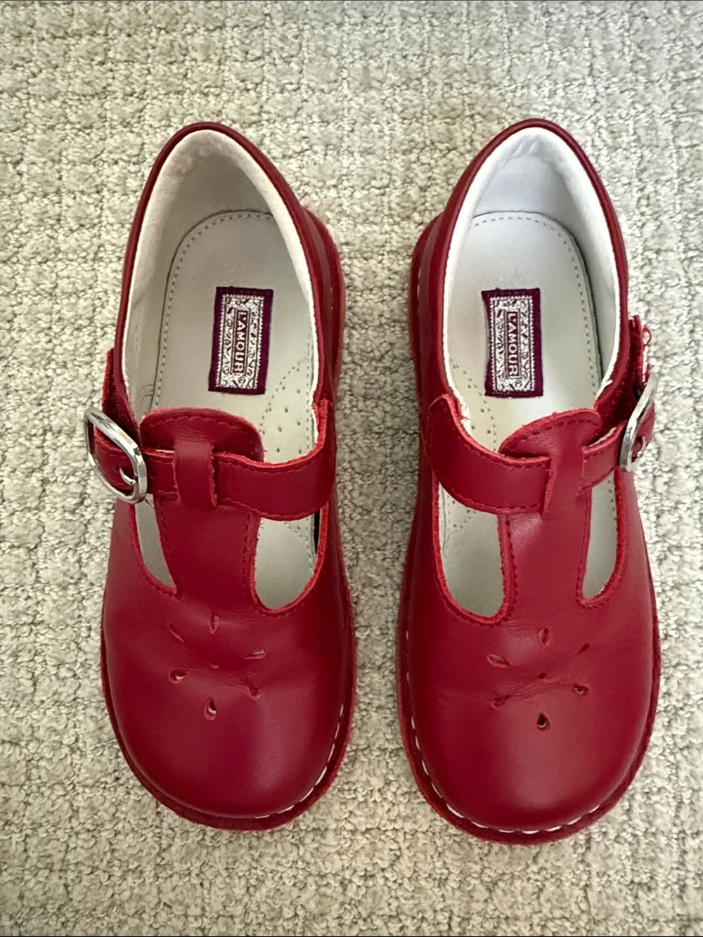 L'Amour Girls' Bright Red T-Strap Leather Shoes